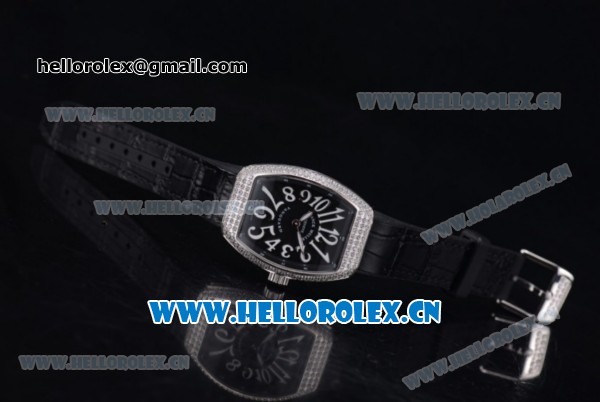 Franck Muller Black Croco Ronda 762 Quartz Steel Case with Black Dial Arabic Numeral Markers and Black Leather Strap Diamonds Bezel - Click Image to Close